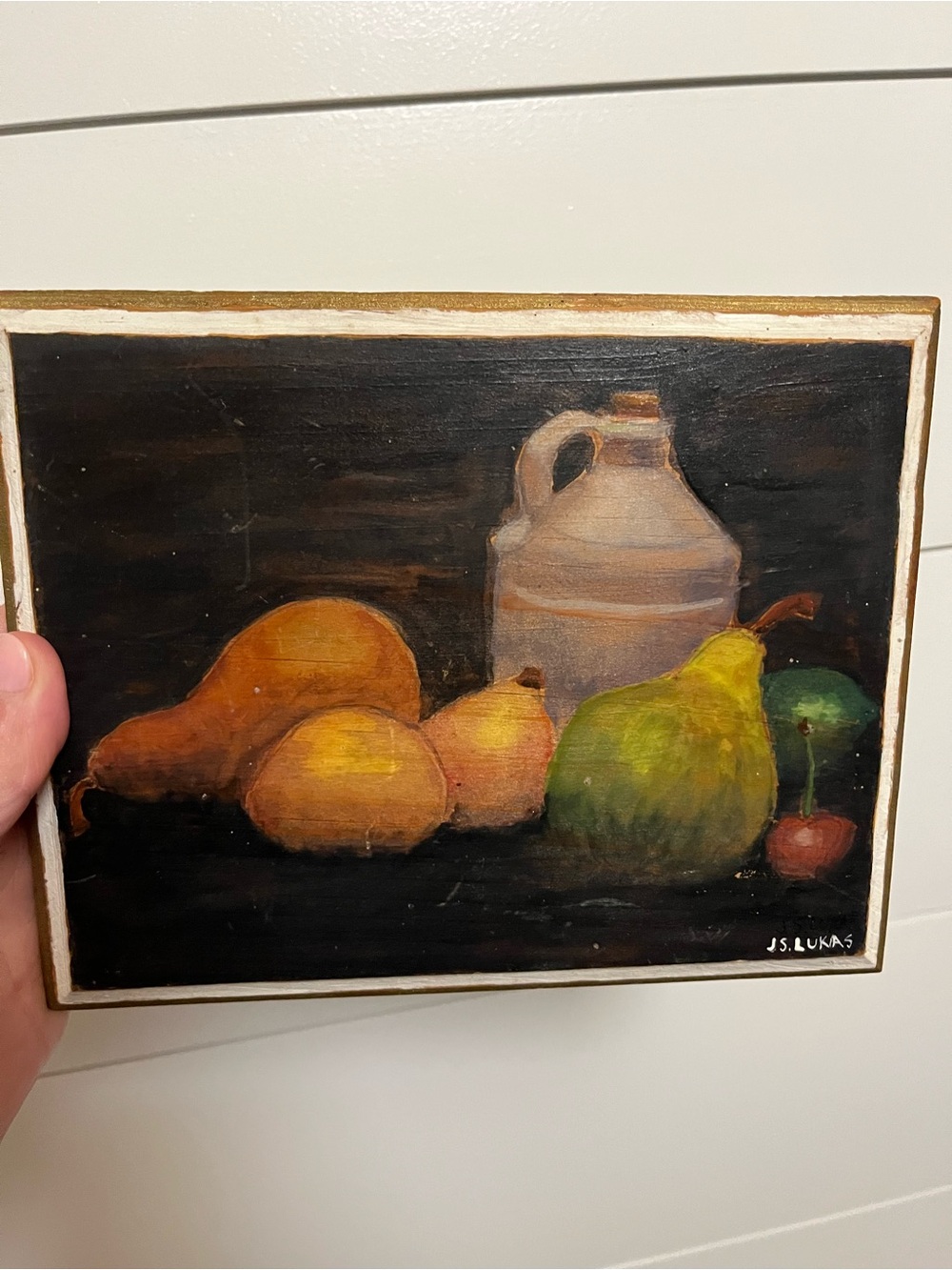 VTG Oil Painting Still Life of Fruit Pears on Wood 8x6 Kitchen Cottagecore 90s